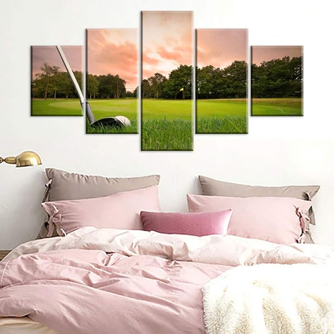 Golf Wall Art 5 Panels Canvas Pictures HD Prints Green Course with Golf Club Paintings Living Room House Decoration Fantasy Landscape Artwork Gallery-Wrapped Framed Ready to Hang Gift(60''W x 32''H)