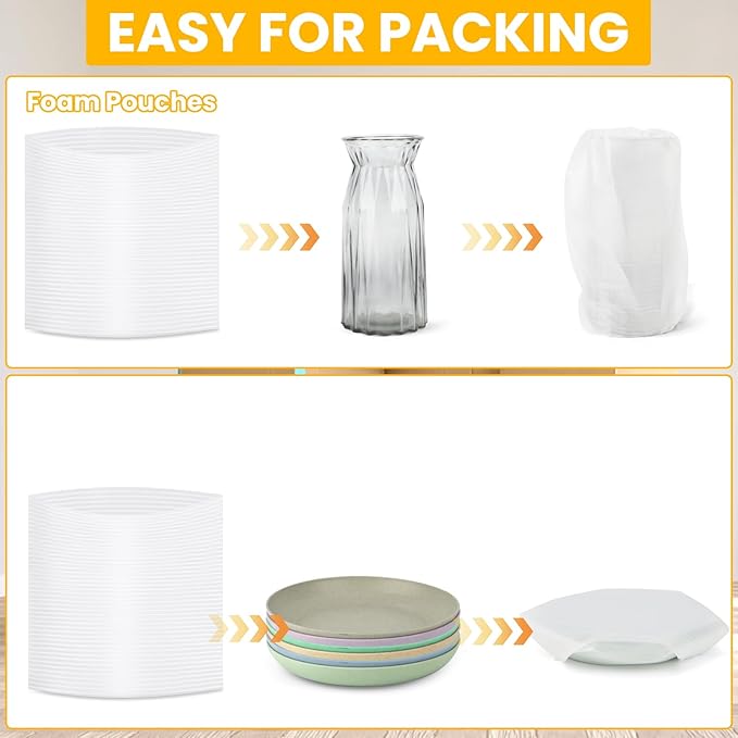 400PCS Moving Packaging Supplies,300 Cushioning Foam Pouches,4 Sizes (12x12",12x7.8",12x6",7.8x7.8") with 100 Fragile Stickers,Cushion Foam Wrap Pouches for Protect Dishes Cup Glasses Storage
