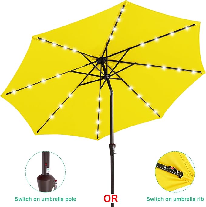 JEAREY 9' Patio Umbrella with Solar Lights, LED Umbrella, Lemon | Outdoor Table - Image 2