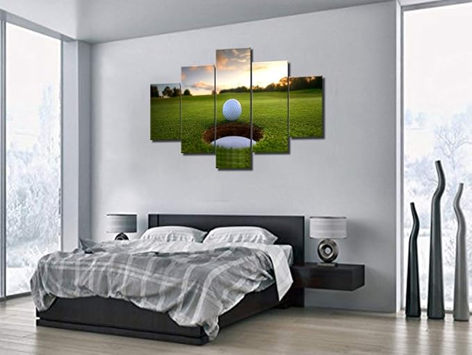 Golf Cours Paintings Golf Ball at Sunset Pictures Green Field Wall Art for Living Room 5 Piece Printed on Canvas Contemporaray Artwork House Decor Famed Gallery-Wrapped Ready to Hang(60''W x 40''H)