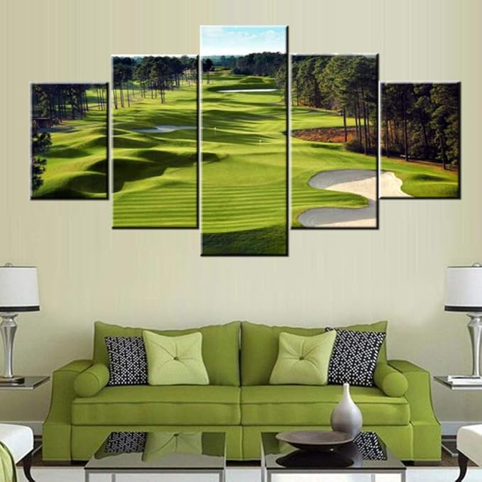 Green Golf Course Wall Art Golfing Sport Paintings for Living Room 5 Panels Prints on Canvas Bunker Pictures Landscape Artwork Gallery-Wrapped Home Modern Decor Framed Ready to Hang(60''W x 32''H)