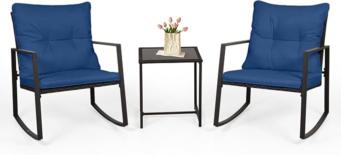 SUNCROWN 3 Piece Outdoor Rocking Bistro Set Black Wicker Furniture Porch Chairs by HOME