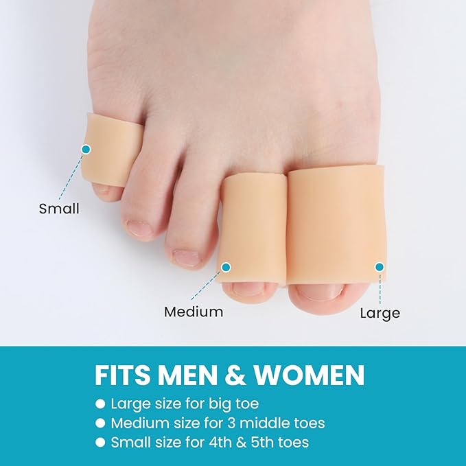 Povihome Toe Sleeves, Toe Protectors, 12 Pack Toe Tube Pads for Hammer Toe,Stubbed Toe,Corns, Calluses Protect (Large Size, Beige)