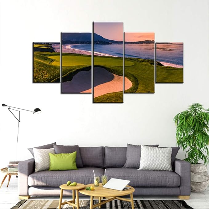 Native American Decor California Beach Golf Course Pictures 5 Panel Canvas Wall Art Green Landscape Paintings Contemporary Artwork Framed Ready to Hang in Living Room Posters and Prints(60''Wx32''H)