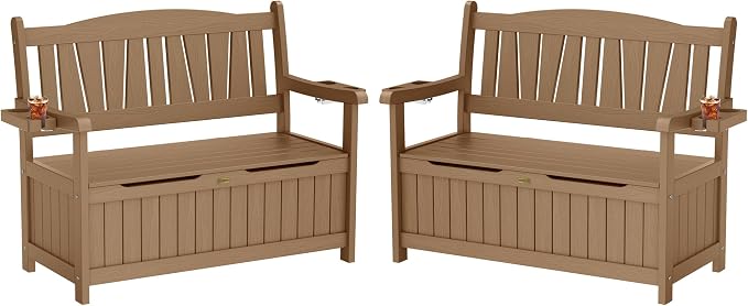 YEFU Outdoor Bench Set of 2, Heavy Duty Garden Storage Bench, Teak | HIPS by YEFU