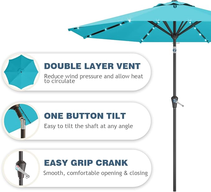 9FT Patio Umbrella with Solar Lights, Outdoor Market Umbrella with Tilt and - Image 3