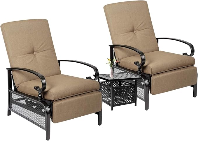 Incbruce 3 Pieces Outdoor Lounge Recliner Set, 2 Adjustable Metal Recliner Sofa by Incbruce