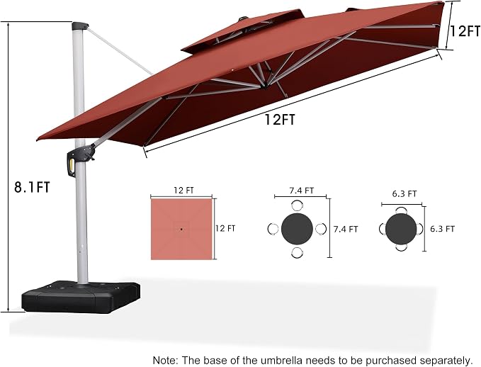 PURPLE LEAF Cantilever Patio Umbrellas 12' x 12' Large Double Top Brick Red | - Image 8