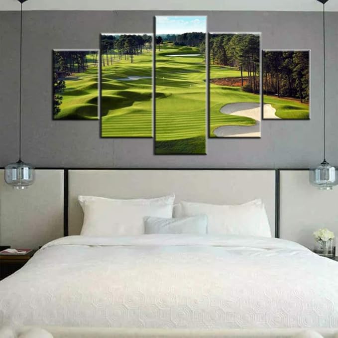 Green Golf Course Wall Art Golfing Sport Paintings for Living Room 5 Panels Prints on Canvas Bunker Pictures Landscape Artwork Gallery-Wrapped Home Modern Decor Framed Ready to Hang(60''W x 32''H)