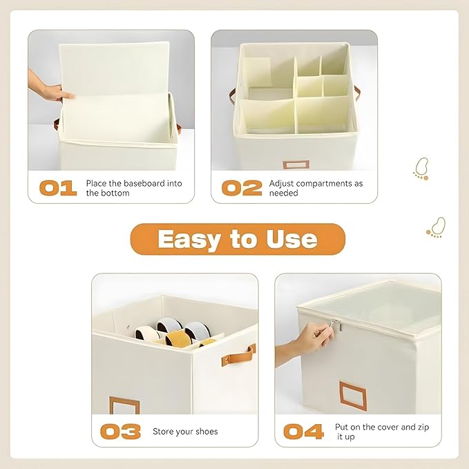 Atlodas Fabric Shoe Organizer Storage Box, 2 Pack Foldable Shoe Storage Organizer Box Bin with Adjustable Dividers and Clear Cover, Fits up to 8-16 Pairs (White, 2Pcs)