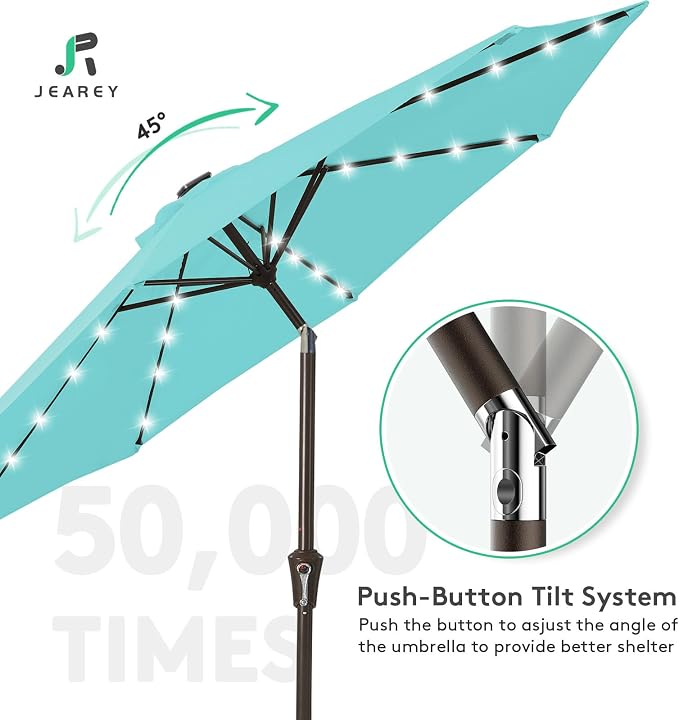 JEAREY 9' Patio Umbrella with Solar Lights, LED Umbrella, Teal | Outdoor Table - Image 7