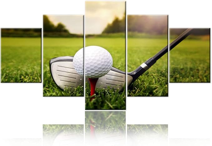 Rustic Wall Art Golf Club and Ball in Grass Pictures for Living Room Golfing Sport Paintings Gallery-Wrapped 5 Panels Printed on Canvas Home Modern Decor Framed Ready to Hang(60''W x 32''H)