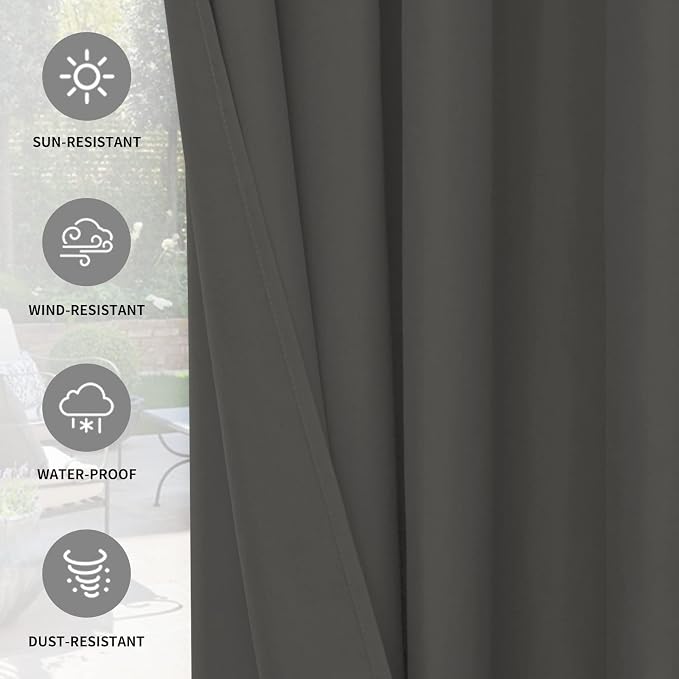 Easy-Going 100% Waterproof Outdoor Curtains 54x120 inch, Dark Grey | Windproof - Image 5