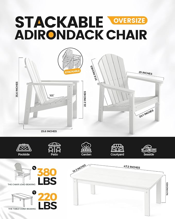 Stackable Set, 2 Chairs with 47in Table, All-Weather HDPE, 380 lbs Each+47.2in - Image 2