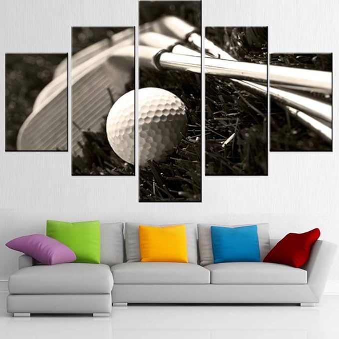 5 Piece Golf Wall Art Golfball in Low Light Pictures for Living Room Contemporary Artwork Dark Lawn Paintings Bedroom House Decorations Wooden Framed Ready to Hang Posters and Prints(60''Wx40''H)