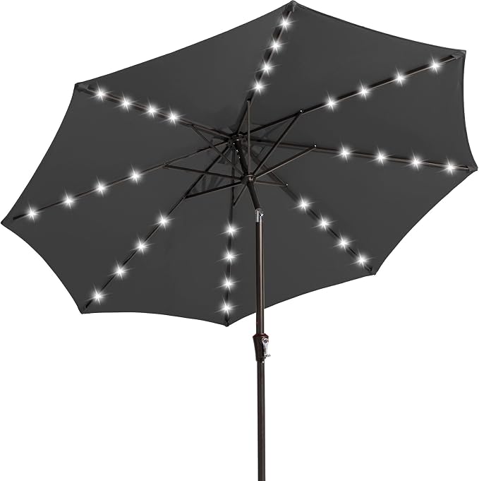 JEAREY 9' Patio Umbrella with Solar Lights, LED Umbrella, Dark Gray | Outdoor by JEAREYOutdoorsCollection