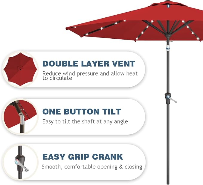 9FT Patio Umbrella with Solar Lights, Outdoor Market Umbrella with Tilt and - Image 2
