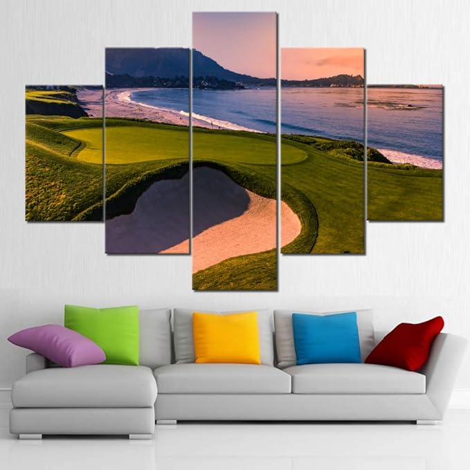 Golfing Landscape Pictures Wall Decor Multi Panel Prints on Canvas Green Grass Filed Paintings for House Gallery-Wrapped California Golf Course Artwork Framed Ready to Hang in Living Room(60''Wx40''H)