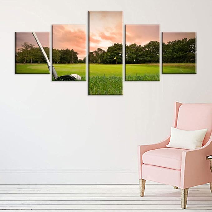 Wall Pictures for Living Room Golfing Sports Paintings Multi Panels Printed on Canvas Golf Field at Sundown Contemporary Artwork House Decor Giclee Framed Strethed Ready to Hang(50''W x 24''H)