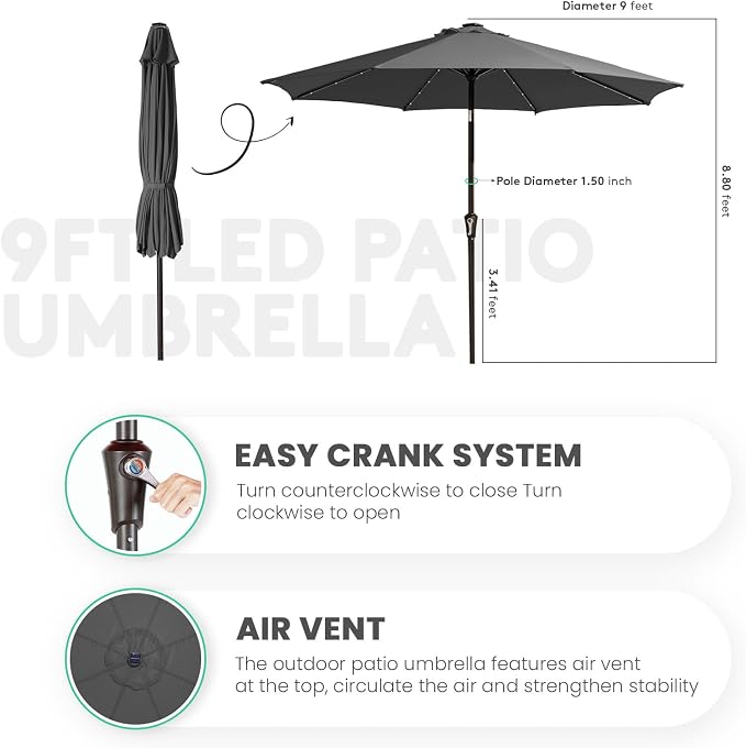 JEAREY 9' Patio Umbrella with Solar Lights, LED Umbrella, Dark Gray | Outdoor - Image 7