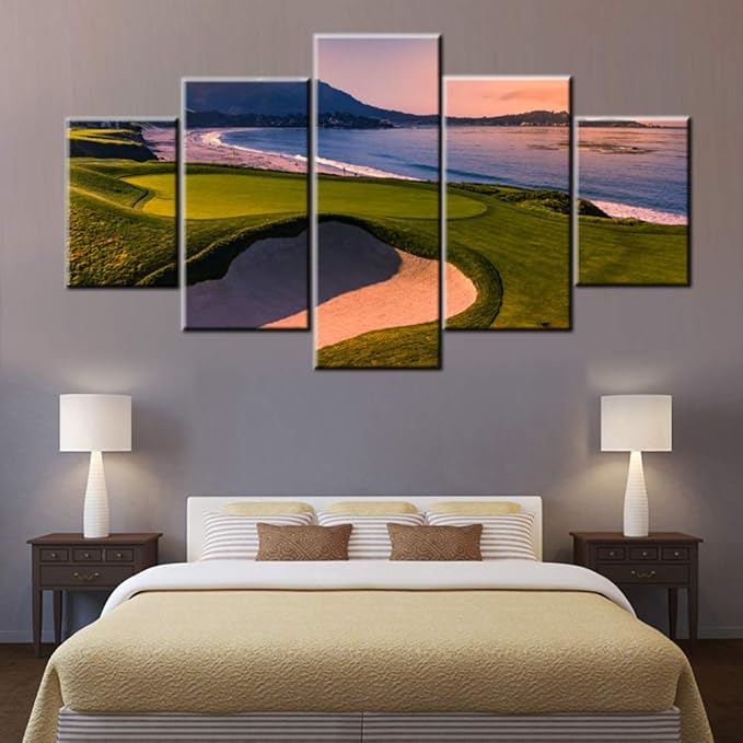 Native American Decor California Beach Golf Course Pictures 5 Panel Canvas Wall Art Green Landscape Paintings Contemporary Artwork Framed Ready to Hang in Living Room Posters and Prints(60''Wx32''H)