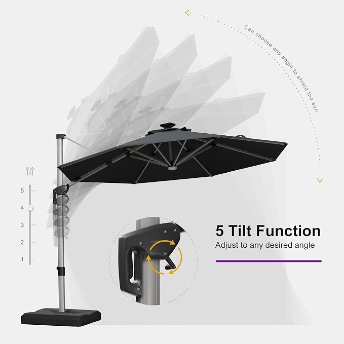 PURPLE LEAF Cantilever Patio Umbrella 10ft Round Solar LED Light, Stays bright - Image 5
