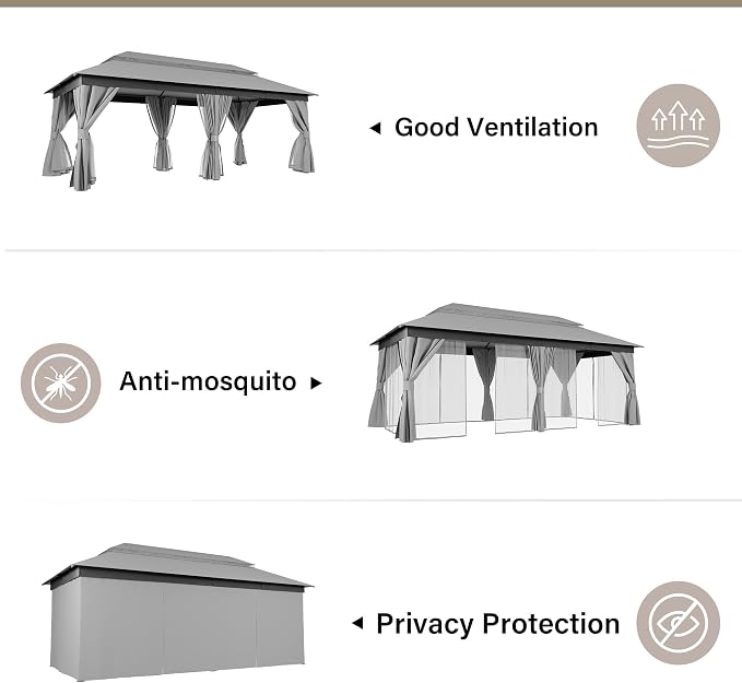 10'x20' Outdoor Gazebo with 100FT String Lights, Metal Heavy Duty Patio Canopy - Image 3
