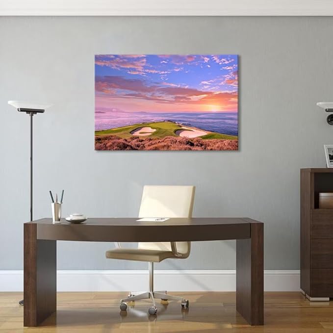 Pebble Beach Golf Course Hole 7 Wall Art Prints - Monterey California USA Golf Course Canvas Wall Art for Living Room Bedroom Bathroom Home Decorations Gifts Framed Ready to Hang(12''H x 16''W)
