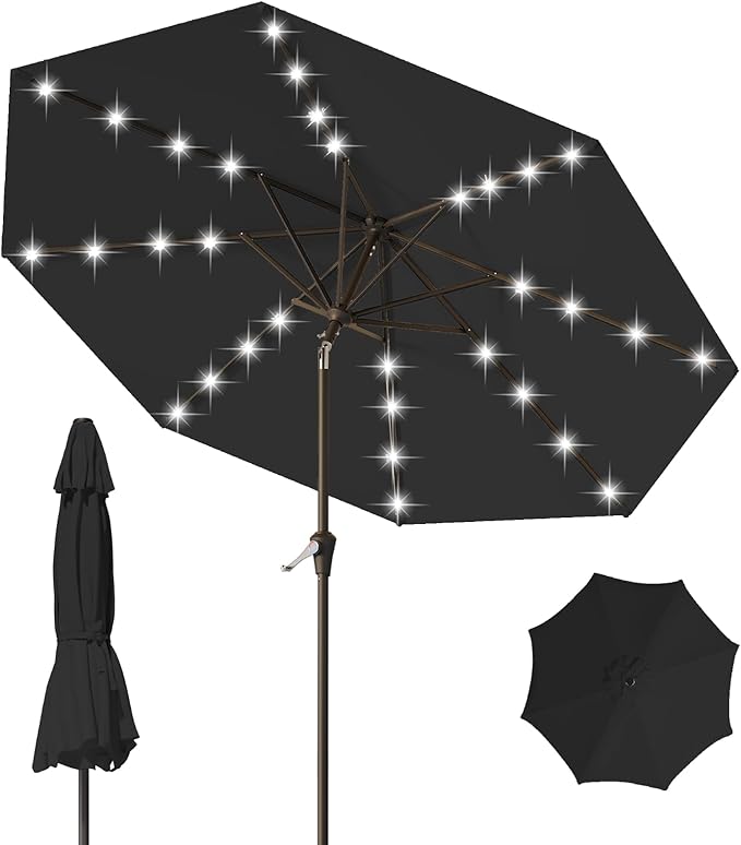 9FT Patio Umbrella with Solar Lights, Outdoor Market Umbrella with Tilt and by YourPerfectOutdoorEscape