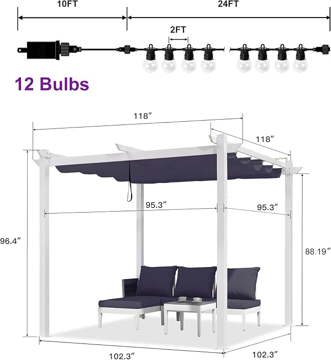 PURPLE LEAF Patio White Pergola 10' x 10' w/Light, Extra Canopy, aluminum frame - Image 6