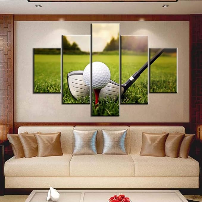 5 Piece Canvas Wall Art Golf Course at Sundown Pictures for Living Room Contemporary Paintings Giclee Golfing Artwork House Decorations Wooden Framed Ready to Hang Poster and Prints(60''W x 40''H)