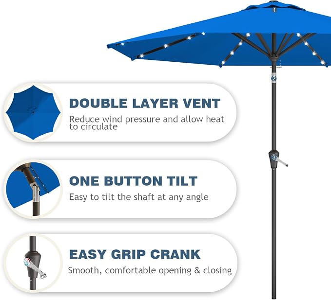 9FT Patio Umbrella with Solar Lights, Outdoor Market Umbrella with Tilt and - Image 5