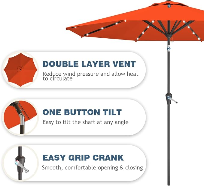 9FT Patio Umbrella with Solar Lights, Outdoor Market Umbrella with Tilt and - Image 2
