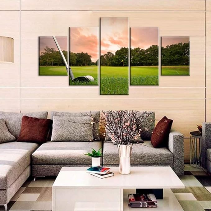 Golf Wall Art 5 Panels Canvas Pictures HD Prints Green Course with Golf Club Paintings Living Room House Decoration Fantasy Landscape Artwork Gallery-Wrapped Framed Ready to Hang Gift(60''W x 32''H)