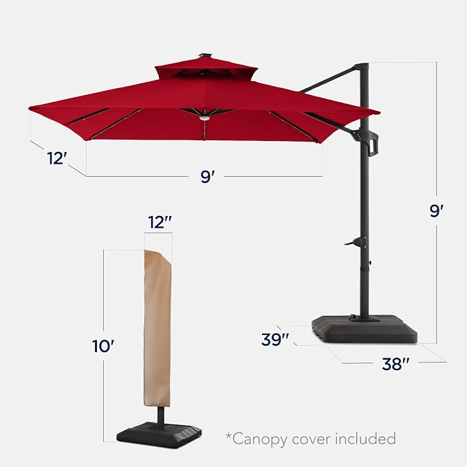 Best Choice Products 9x12ft LED Cantilever Patio Umbrella w/Base Included & - Image 2