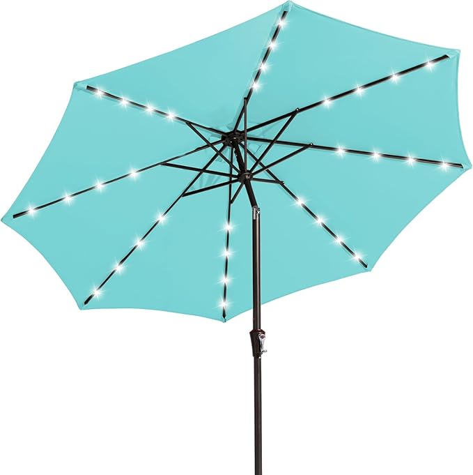 JEAREY 9' Patio Umbrella with Solar Lights, LED Umbrella, Teal | Outdoor Table by JEAREYOutdoorsCollection