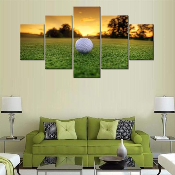 Wall Pictures for Living Room Golf Course Paintings Sunset Scape Artwork Multi Panel Green Canvas Wall Art Modern Home Decoration Giclee Wooden Framed Ready to Hang Posters and Prints(60''Wx32''H)