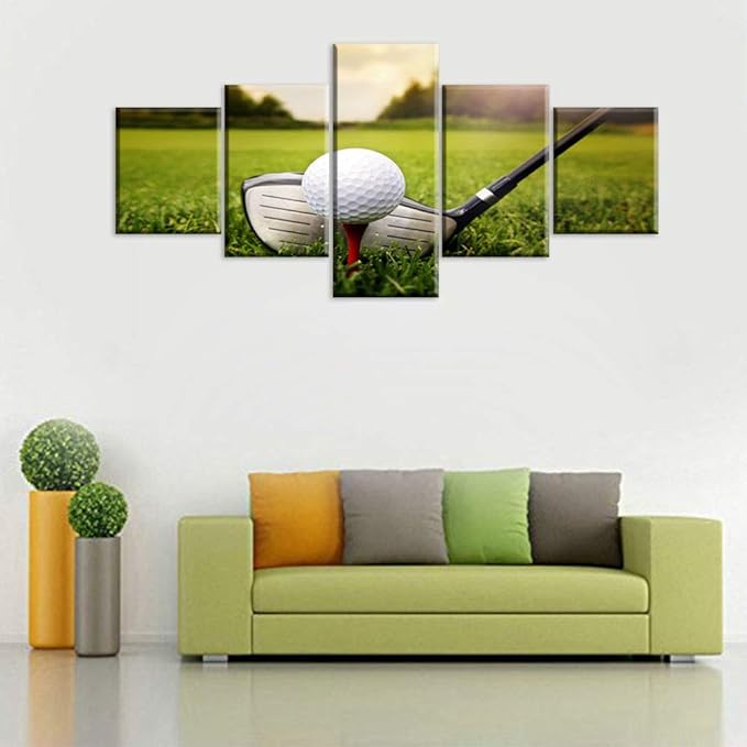 Golf Field Wall Art Green Grass Paintings Giclee Multi Panels Canvas Pictures for Living Room HD Prints Man Cave Signs and Decor Sunset Artwork Framed Stretched Ready to Hang Gift(50''W x 24''H)