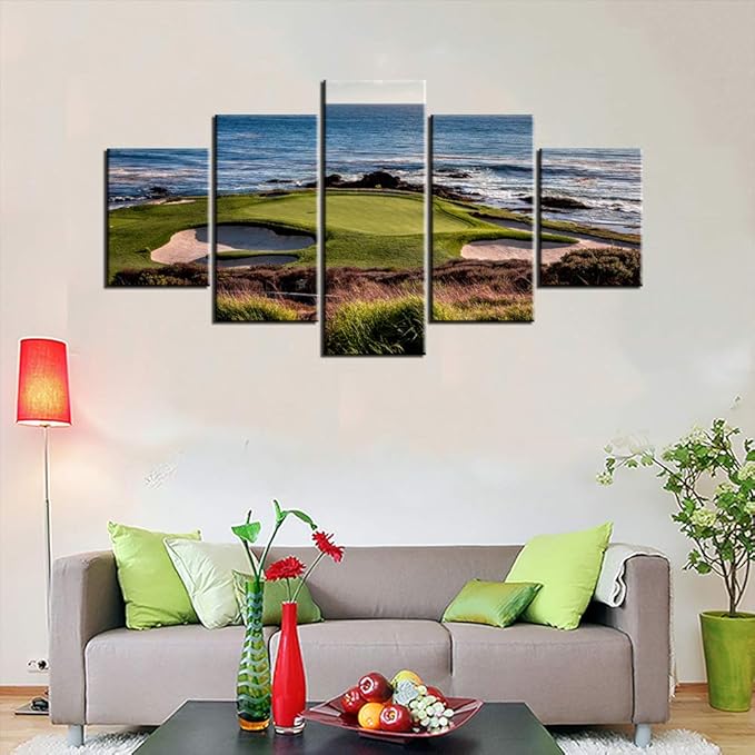 Pebble Beach Pictures for Living Room Golf Course Paintings Golfing Sports Wall Art 5 Pieces Prints on Canvas Seascape Artwork Country Home Decorations Framed Giclee Ready to Hang Gift(60''W x 32''H)
