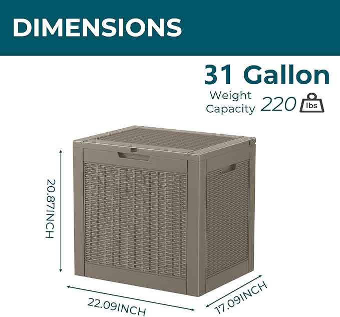 31 Gallon Waterproof Resin Deck Box, UV Resistant Outdoor Storage - Image 2