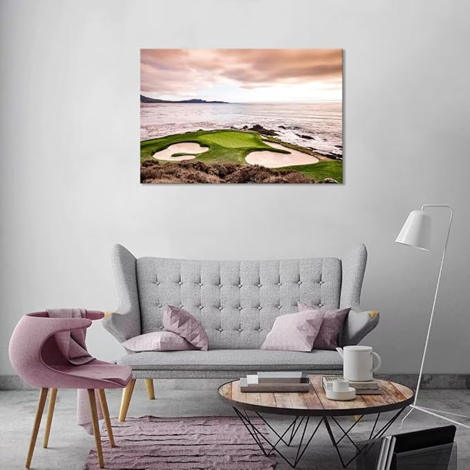 USA California Golf Course Wall Art for Living Room Bedroom Bathroom Home Decorations Coastline Golf Course Greens and Bunkers Picture Poster Framed Artwork Canvas Prints Ready to Hang(12''H x 16''W)