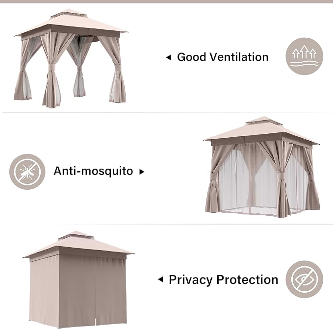 8'x8' Outdoor Gazebo with 50FT String Lights, Metal Heavy Duty Patio Canopy - Image 3