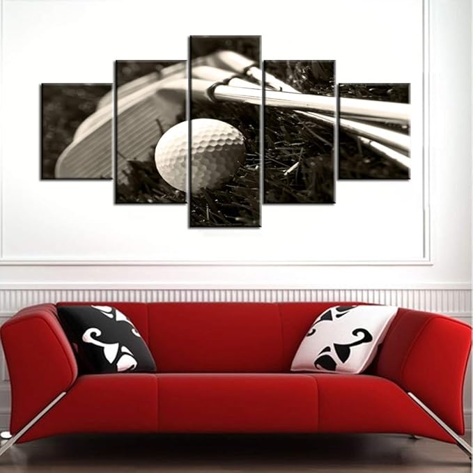 Golfing Art for Walls Black and White Pictures Golf Club in Meadow Paintings for Living Room 5 Panel Prints on Canvas Meadow Artwork Giclee House Decor Stretched and Framed Ready to Hang(60''Wx32''H)