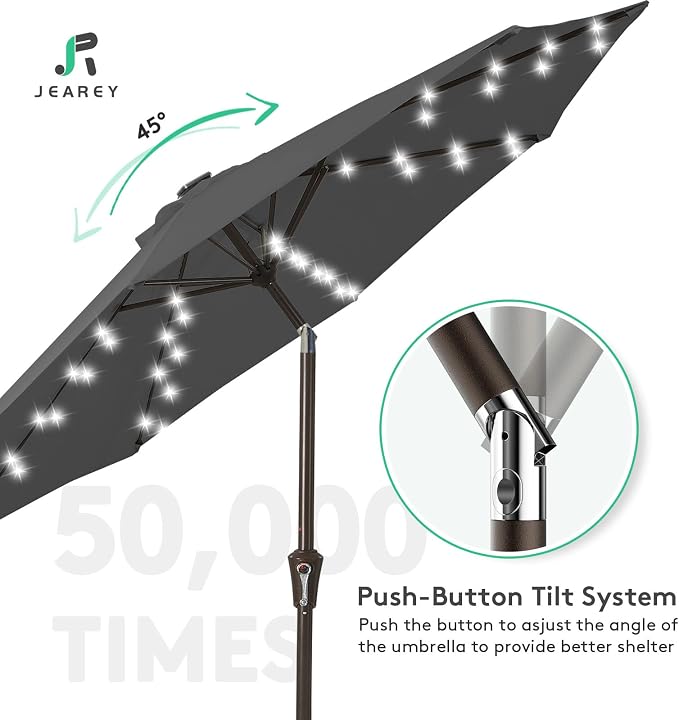 JEAREY 9' Patio Umbrella with Solar Lights, LED Umbrella, Dark Gray | Outdoor - Image 4