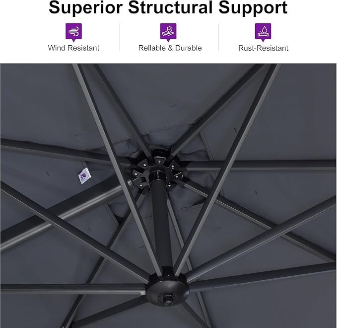 PURPLE LEAF Cantilever Umbrella 10 Feet Round 360° Rotation Light Grey | - Image 5