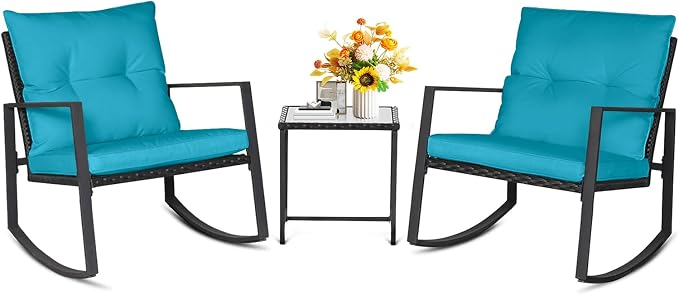 SUNCROWN 3 Piece Outdoor Rocking Bistro Set Black Wicker Furniture Porch Chairs by HOME