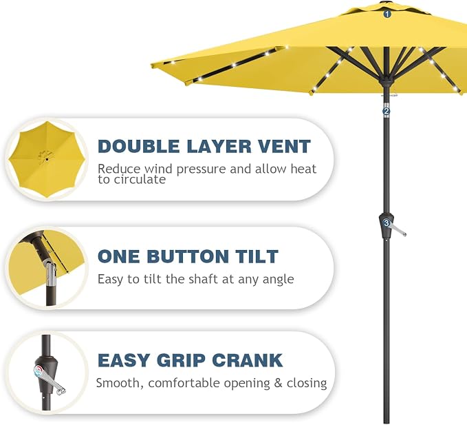 9FT Patio Umbrella with Solar Lights, Outdoor Market Umbrella with Tilt and - Image 2