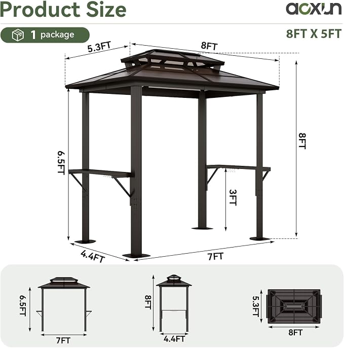 Aoxun 8'x5' Grill Gazebo with Polycarbonate Double Roof - Image 2
