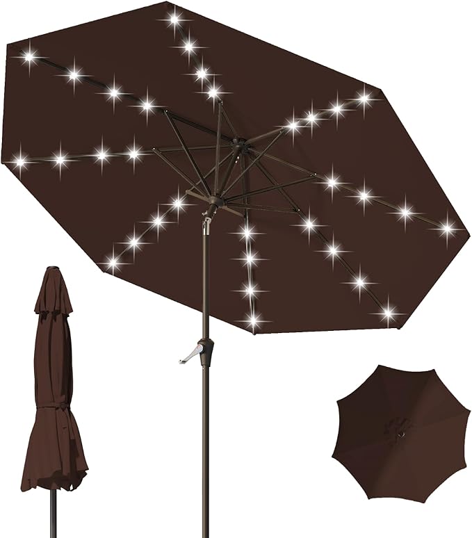 9FT Patio Umbrella with Solar Lights, Outdoor Market Umbrella with Tilt and by YourPerfectOutdoorEscape