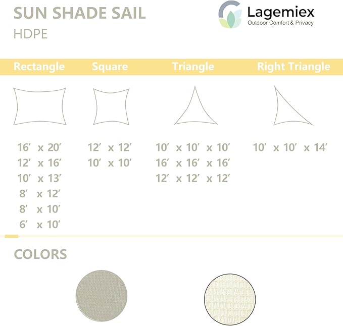 12' x 16' Rectangle Sun Shade Sail, 185 GSM HDPE, Sand | 95% UV block, - Image 5